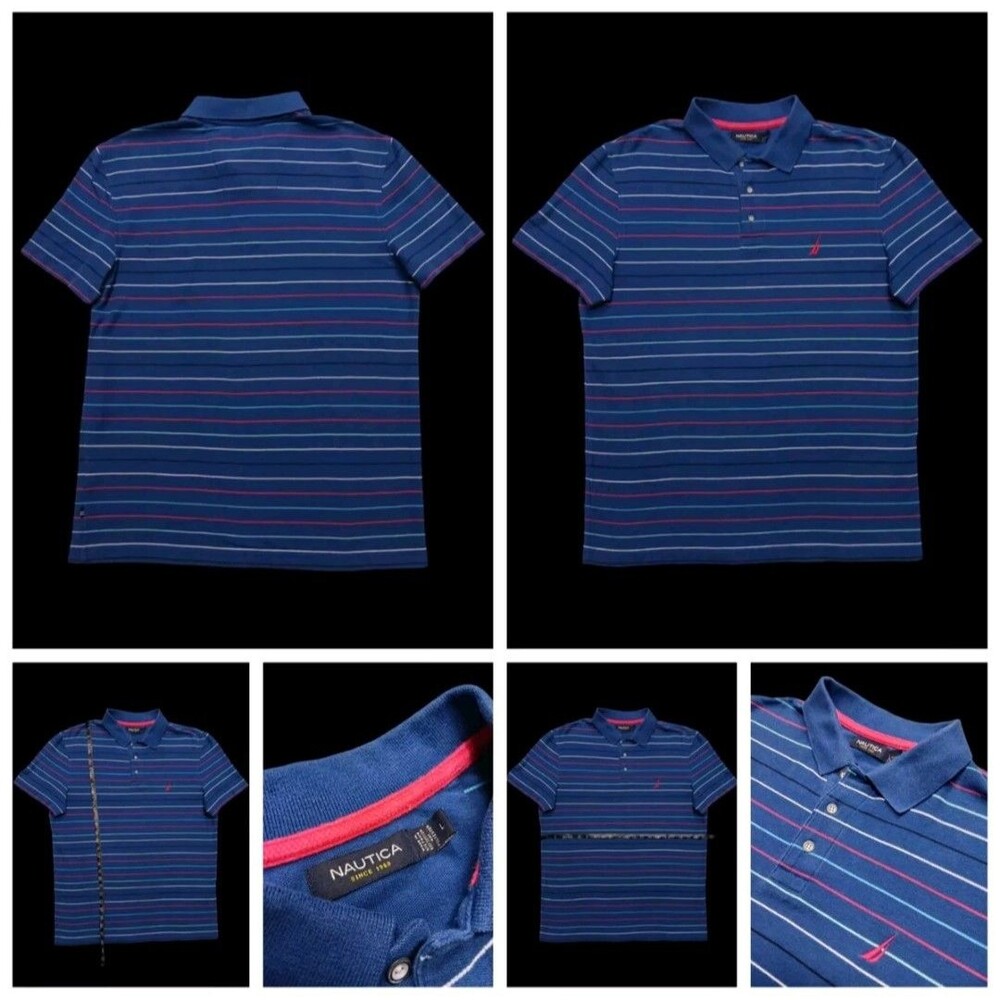 Vintage Nautica Polo Shirt Mens Large Multicolor Striped Y2K Casual Short Sleeve